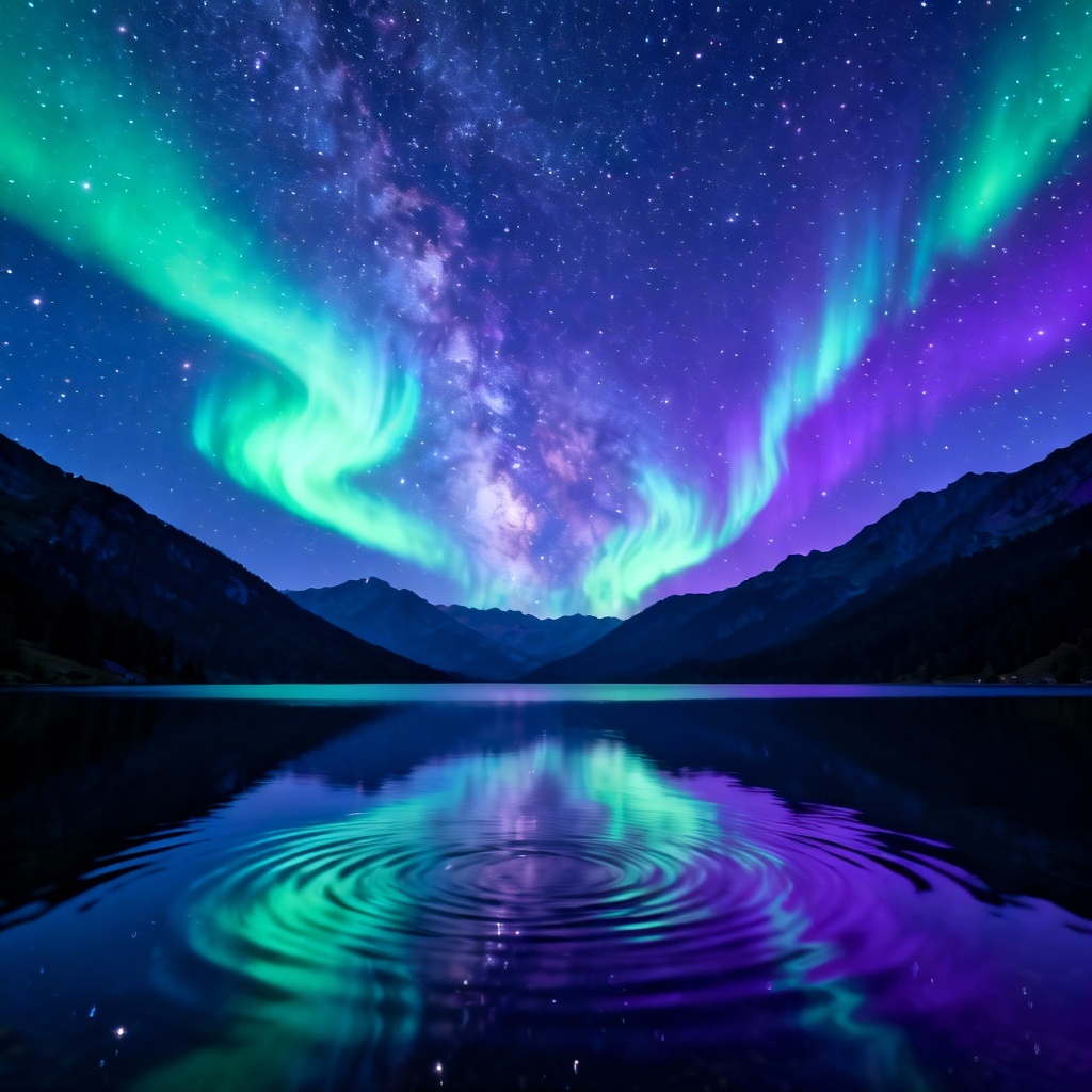 AI aurora and starry sky over alpine lake
