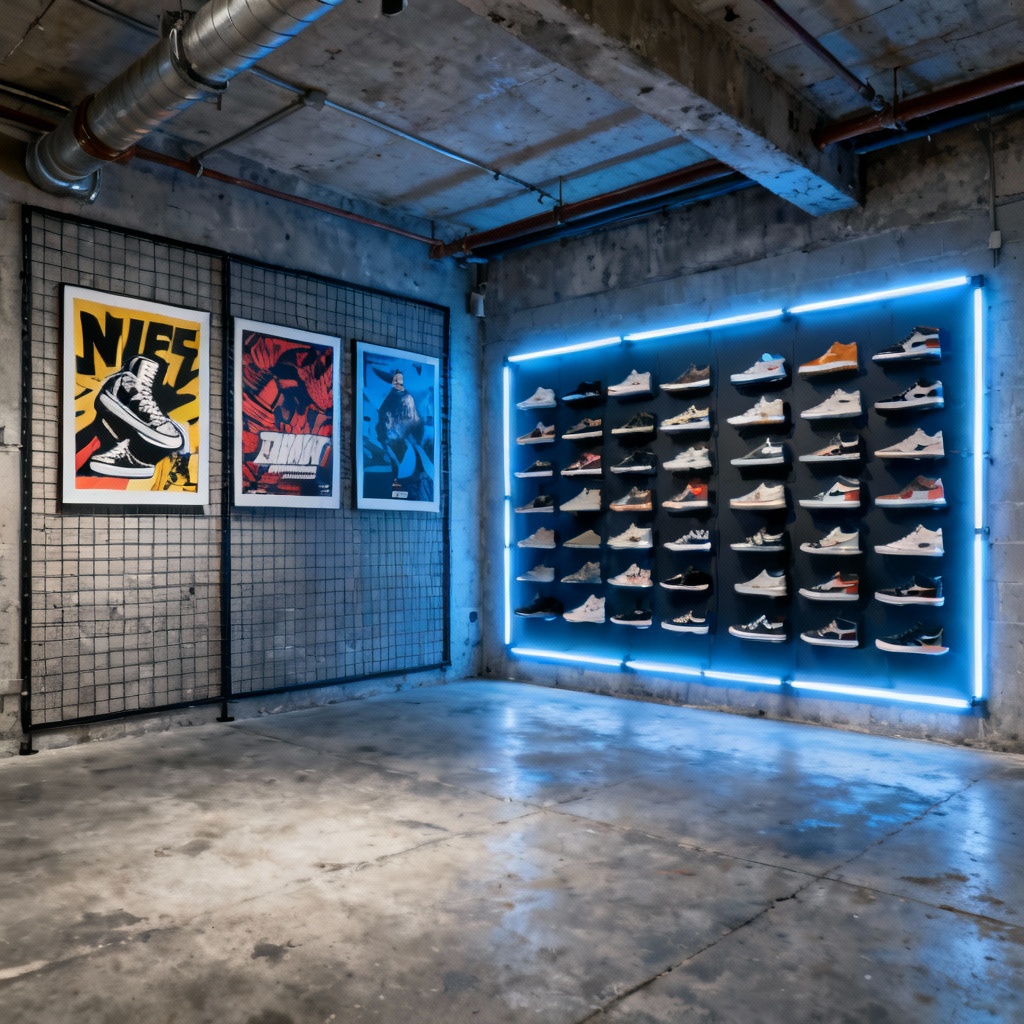 AI streetwear boutique with sneaker wall and LED lighting