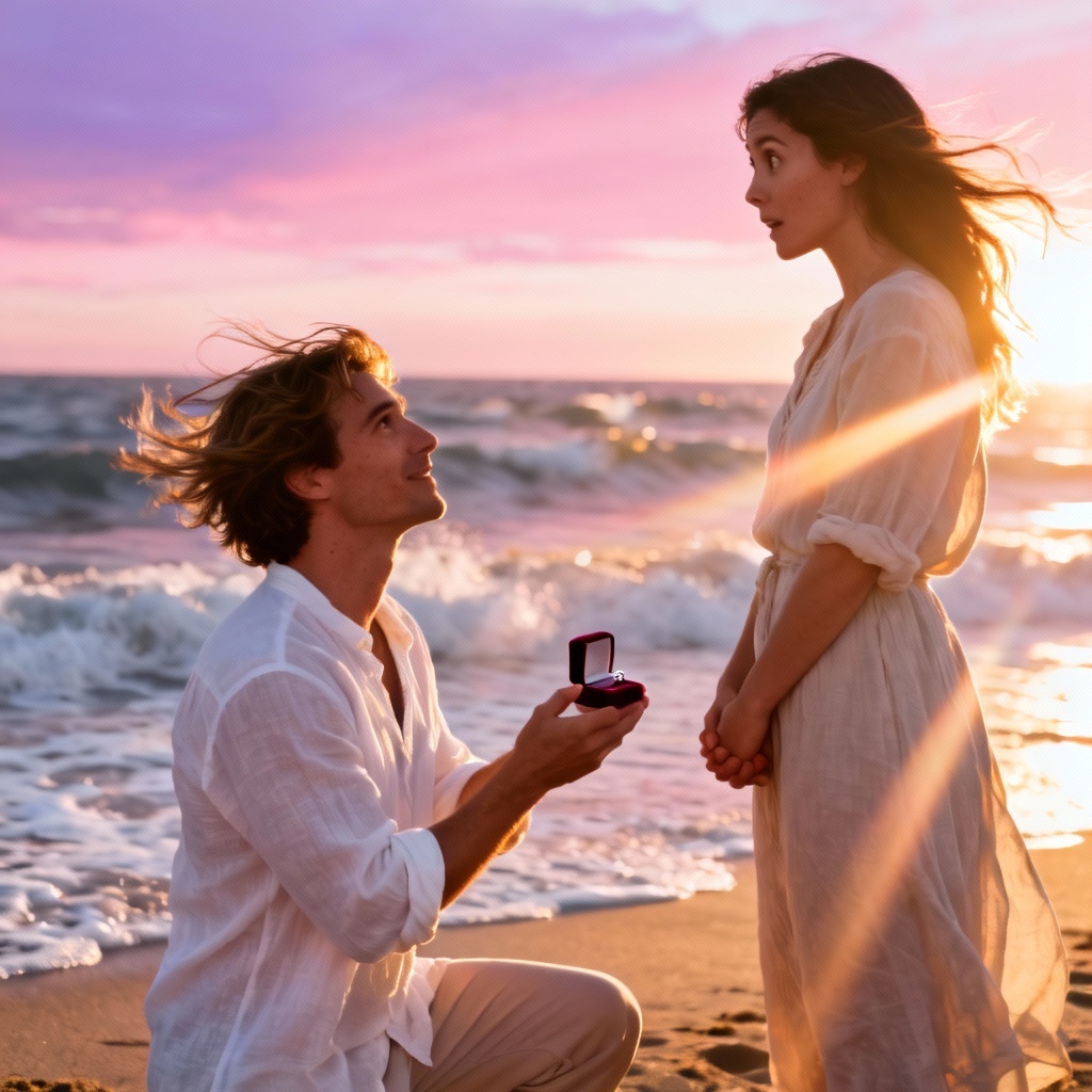 AI couple proposal at a beach during sunrise