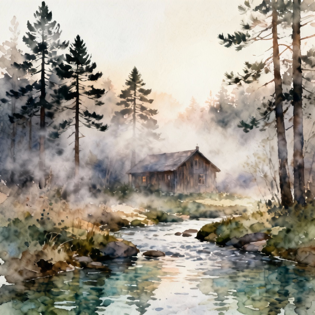 AI watercolor woodland cottage by a creek