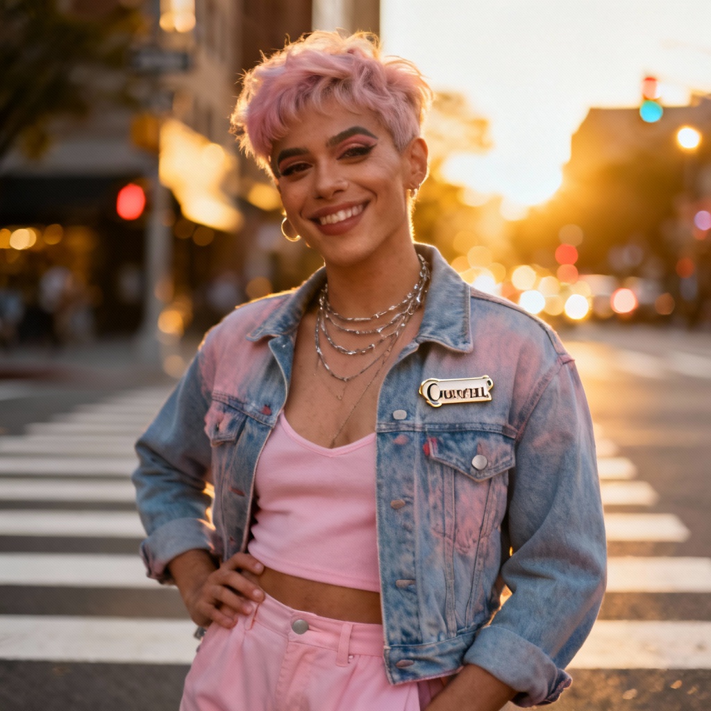 AI trans woman pride streetwear portrait