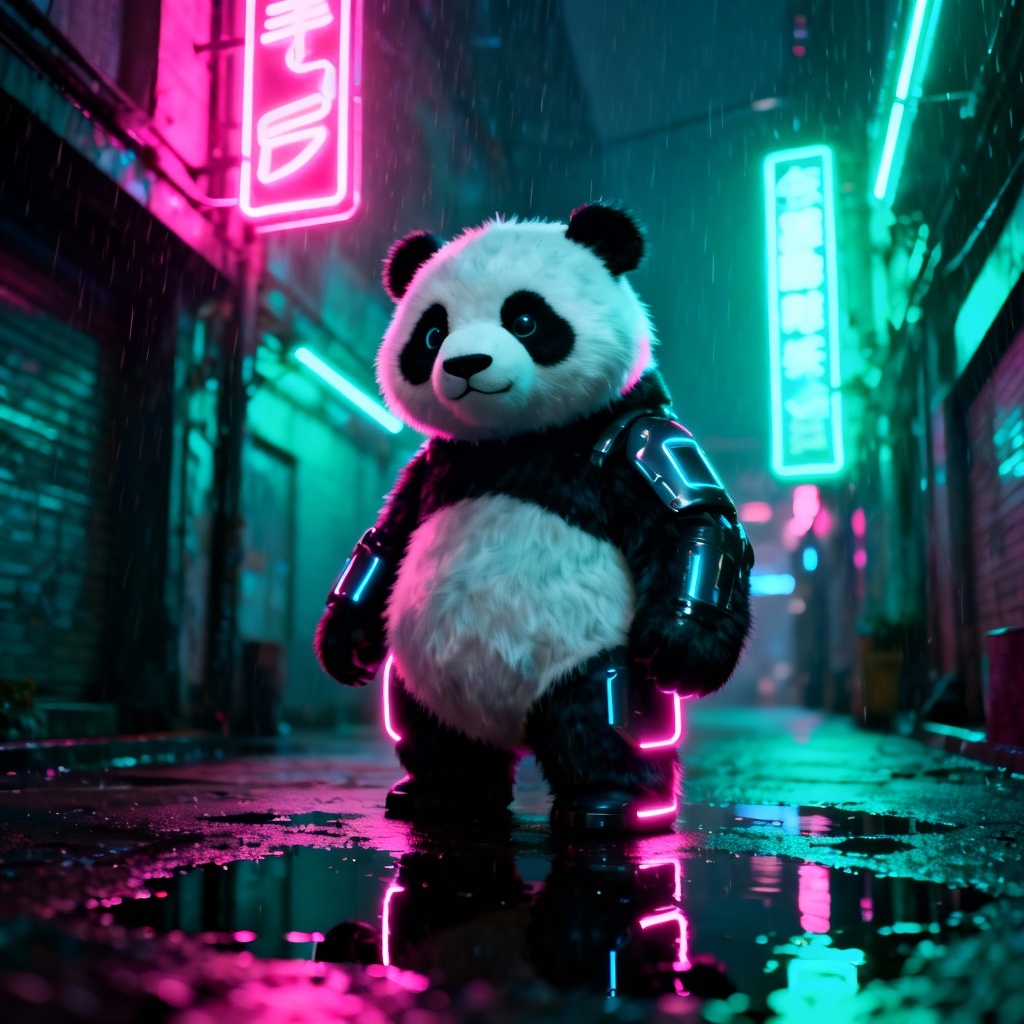 AI panda mascot in neon city