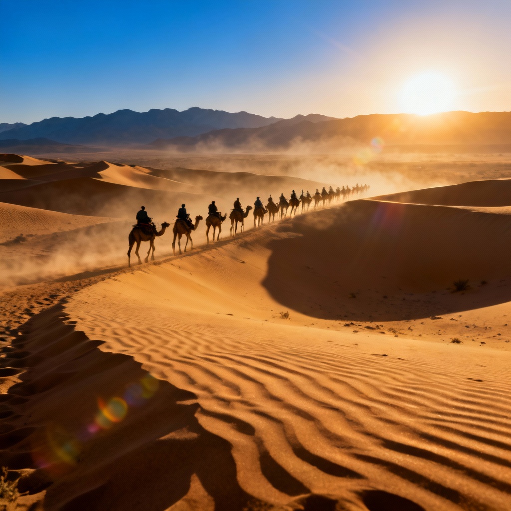 Photorealistic Sahara desert with camel caravan at golden hour