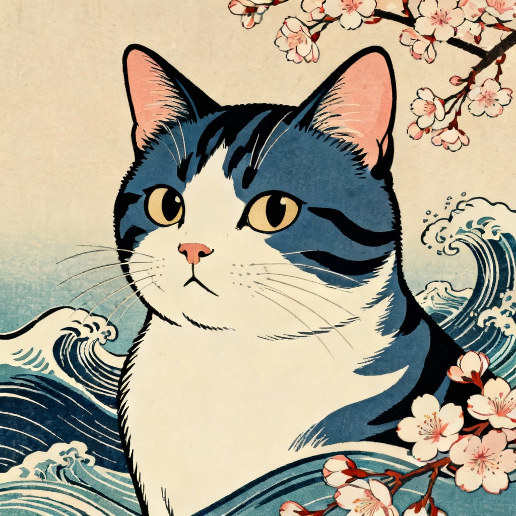 Ukiyo-e inspired AI cat portrait with wave motifs