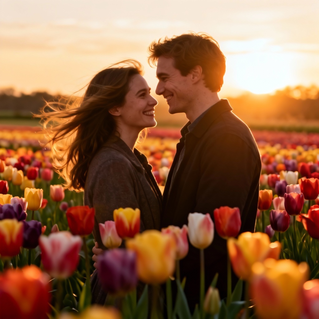 Golden hour couple portrait in tulip field
