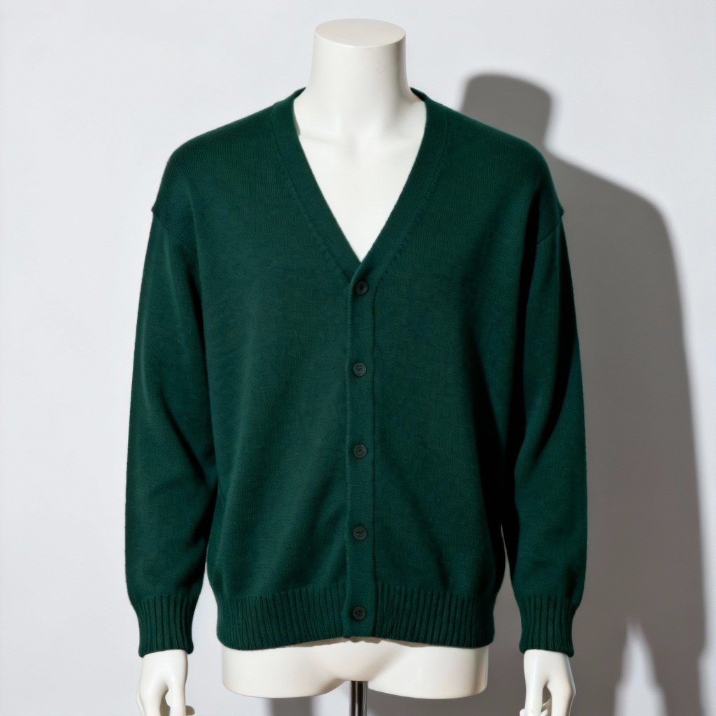 Dark green unisex V-neck cardigan on mannequin