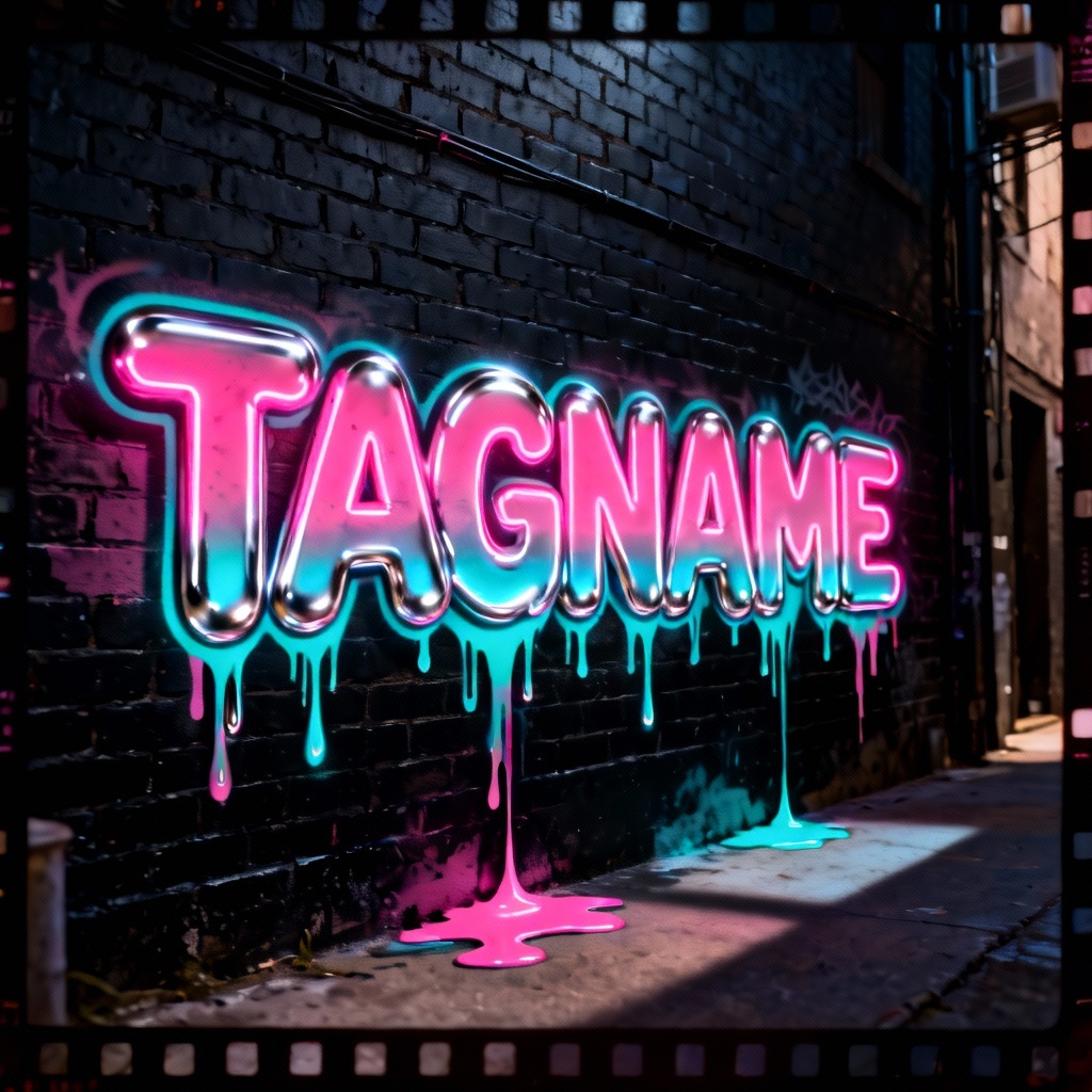 AI neon bubble-letter graffiti tag with chrome and drips