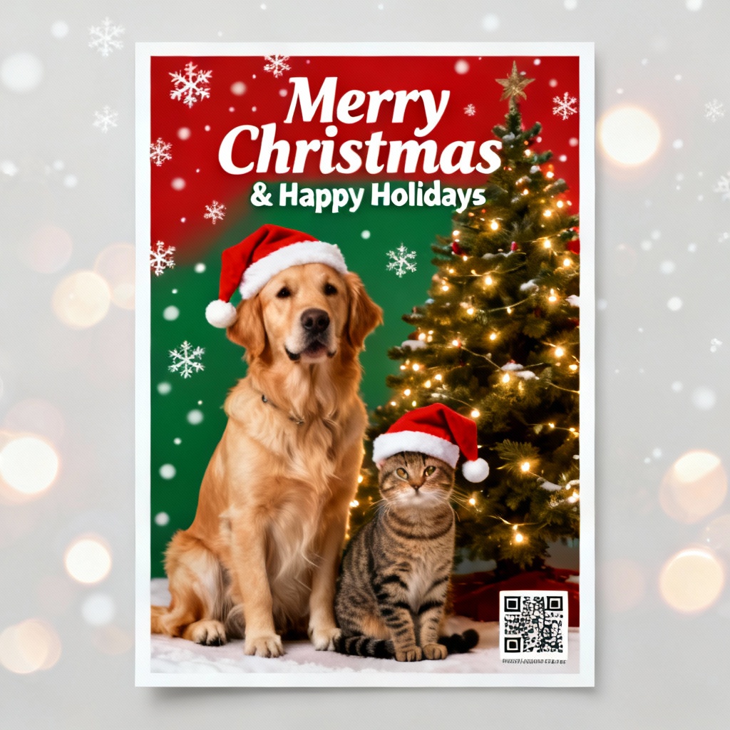 AI Pet Christmas Poster of Dog and Cat by Tree