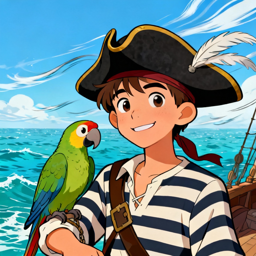 AI Disney-style charming young pirate by the sea