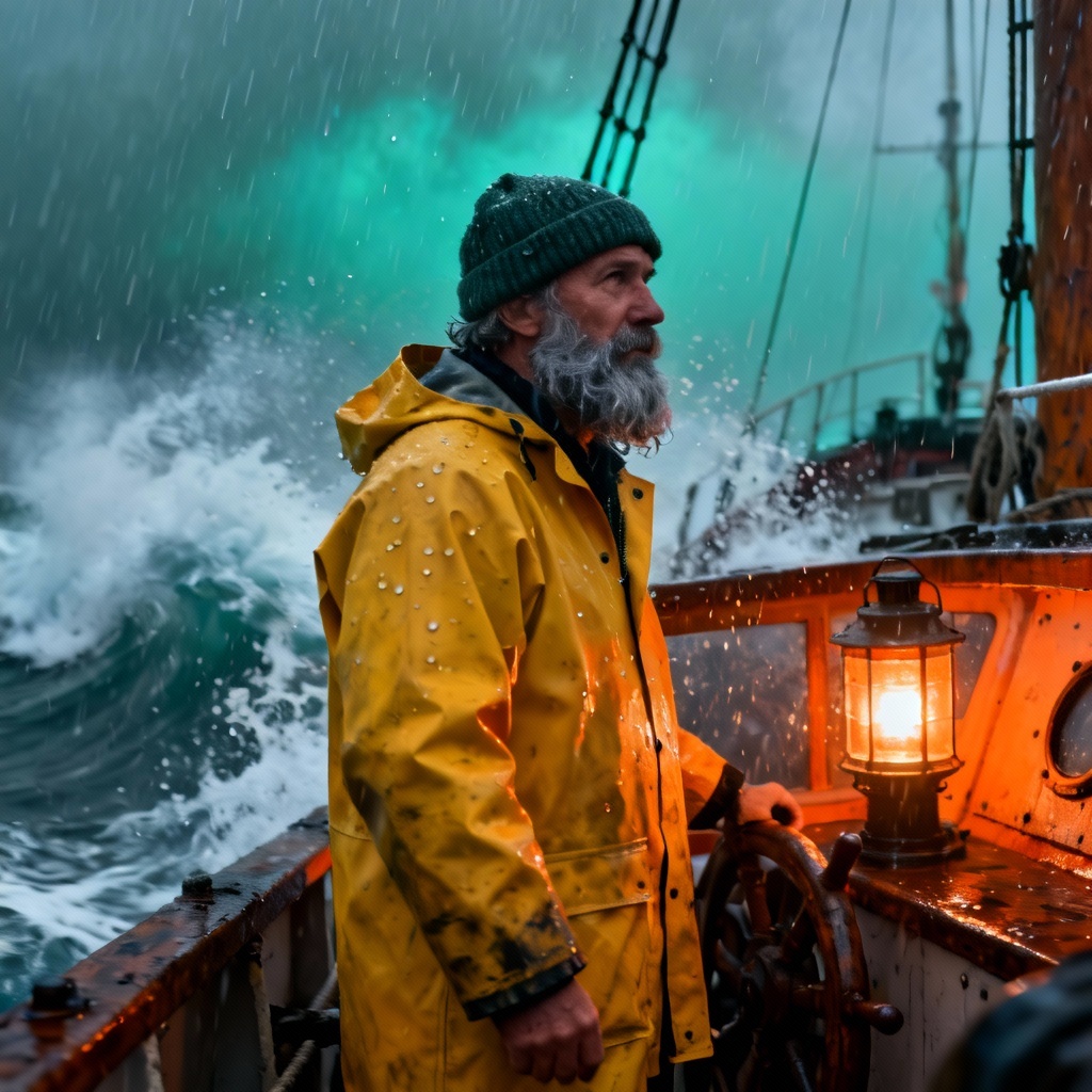 AI seaman portrait of a ship captain in a yellow raincoat during a storm