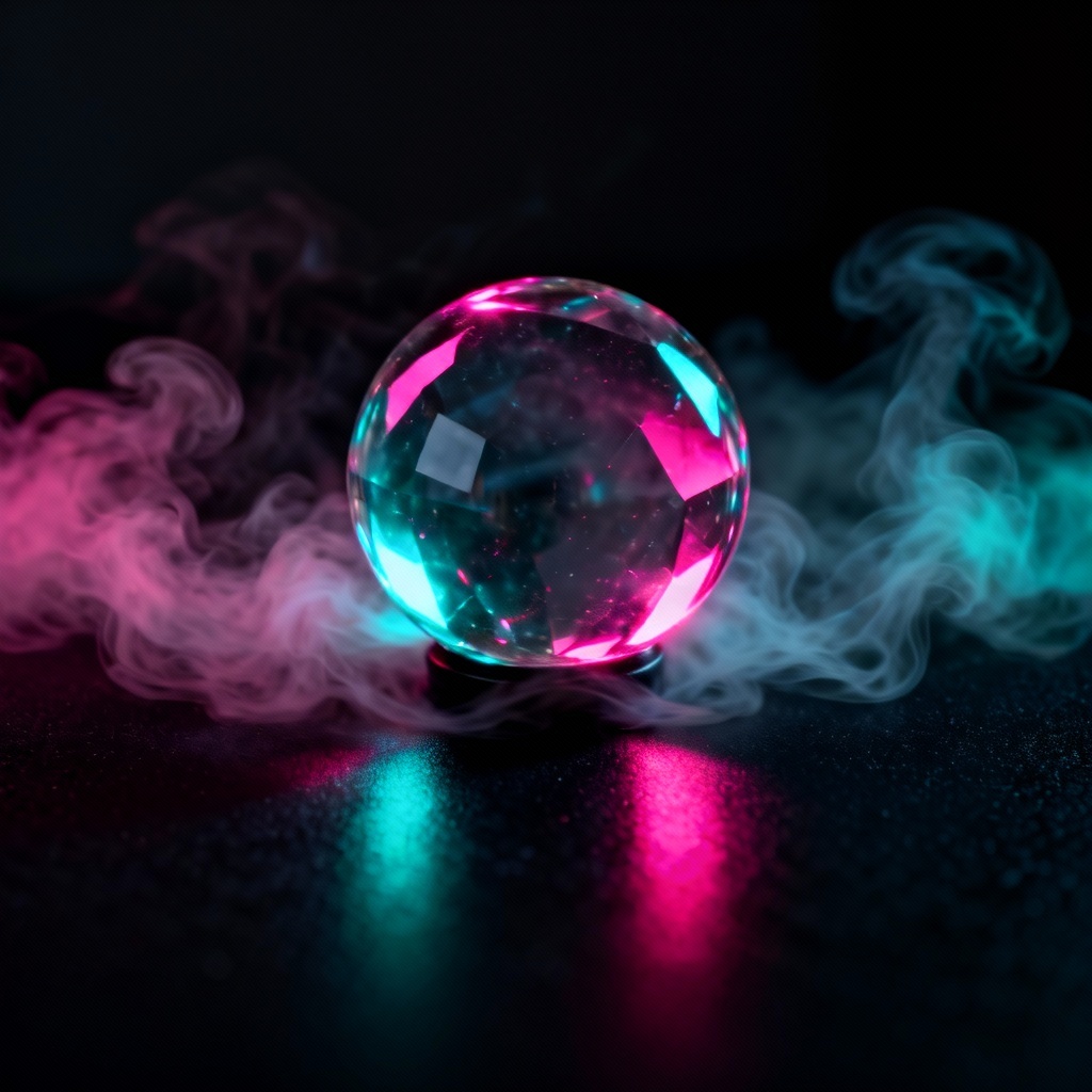 Moody crystal ball with fog and neon reflections