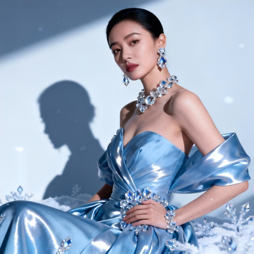 AI frozen-style ice princess fashion editorial