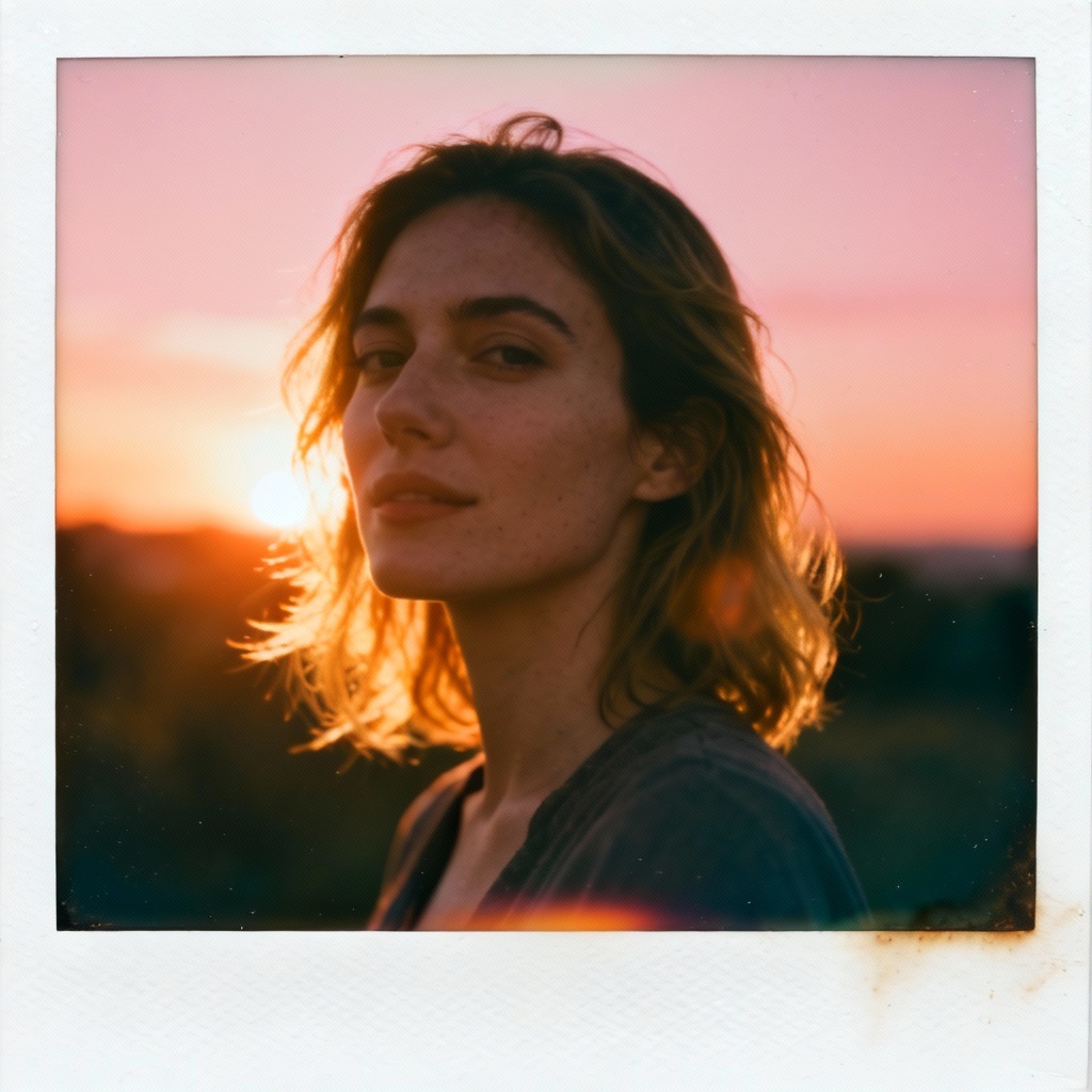 AI polaroid girl with light leak film burn effect