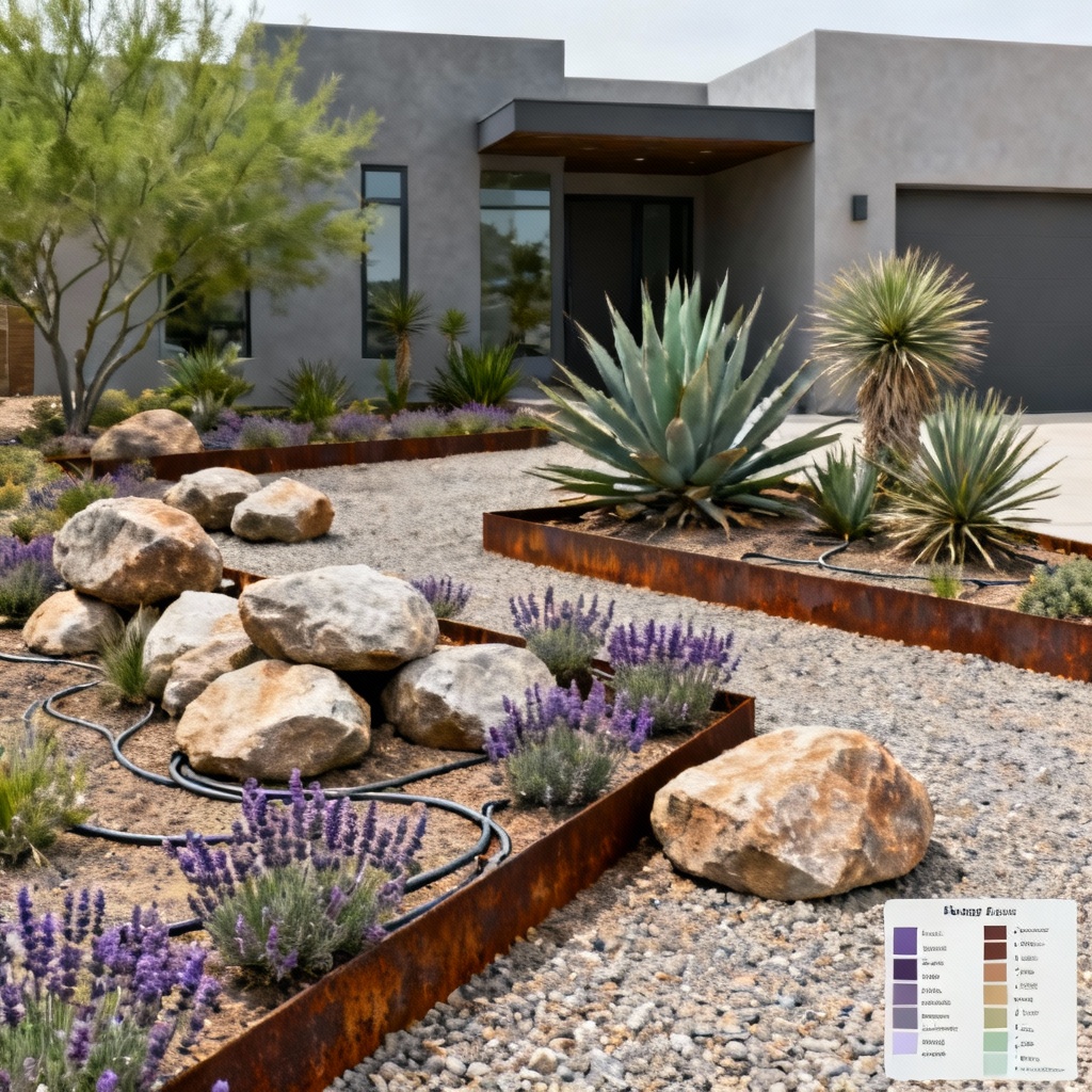 AI xeriscape front yard design with drought tolerant plants and gravel
