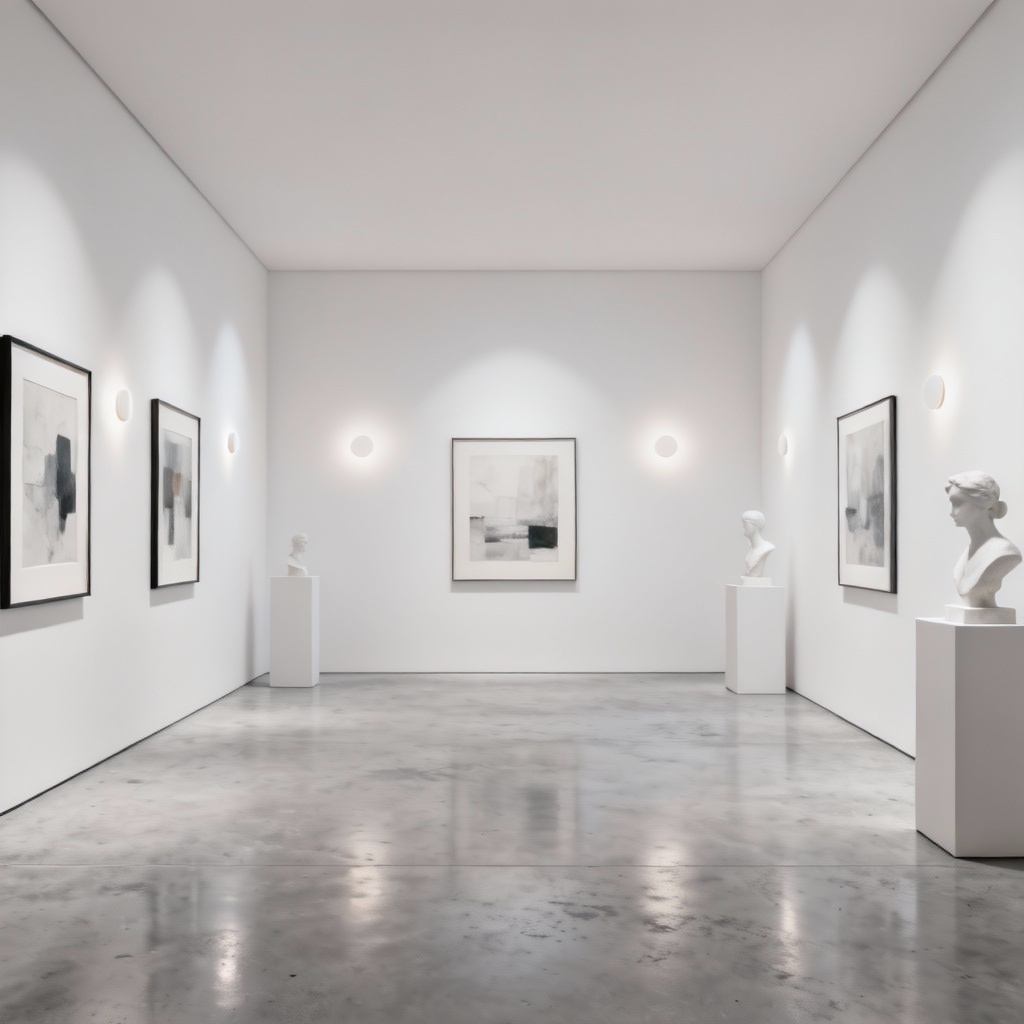 AI virtual gallery with white cube walls and framed artworks