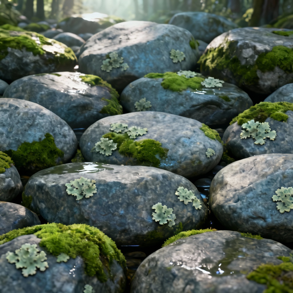AI mossy granite river boulders