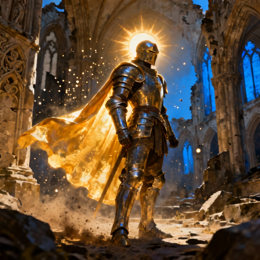 Epic solar paladin with radiant armor and glowing cape