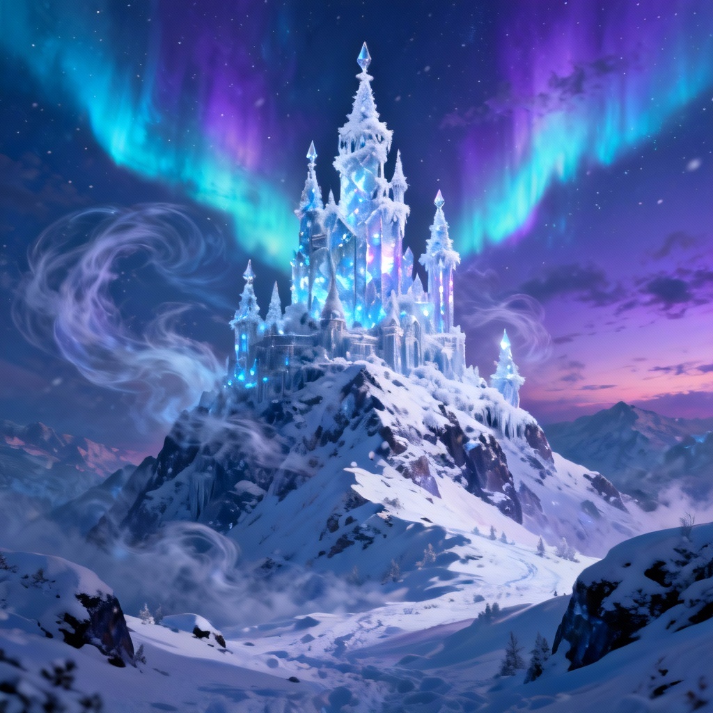 AI frozen-style crystal castle on a snowy peak