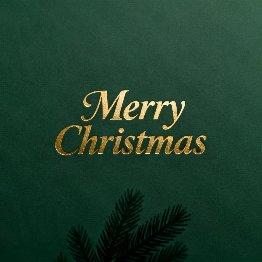 Minimal Christmas card with gold foil lettering on green
