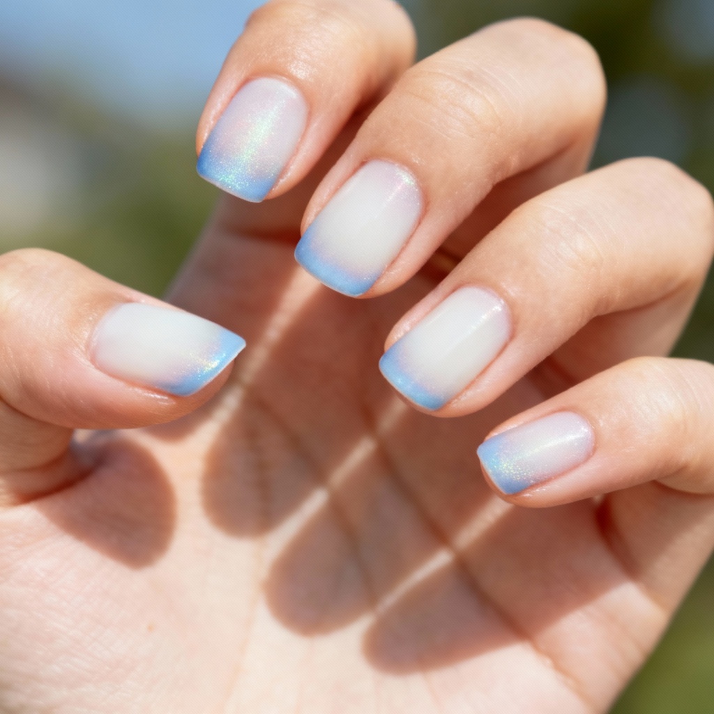 AI short blueberry milk aura nails with airbrush blend