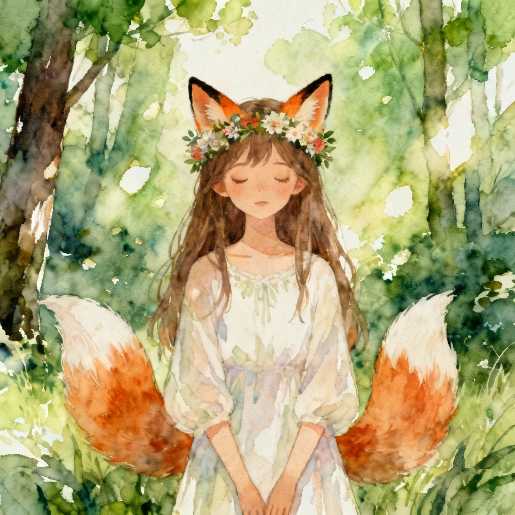AI watercolor fox girl in forest