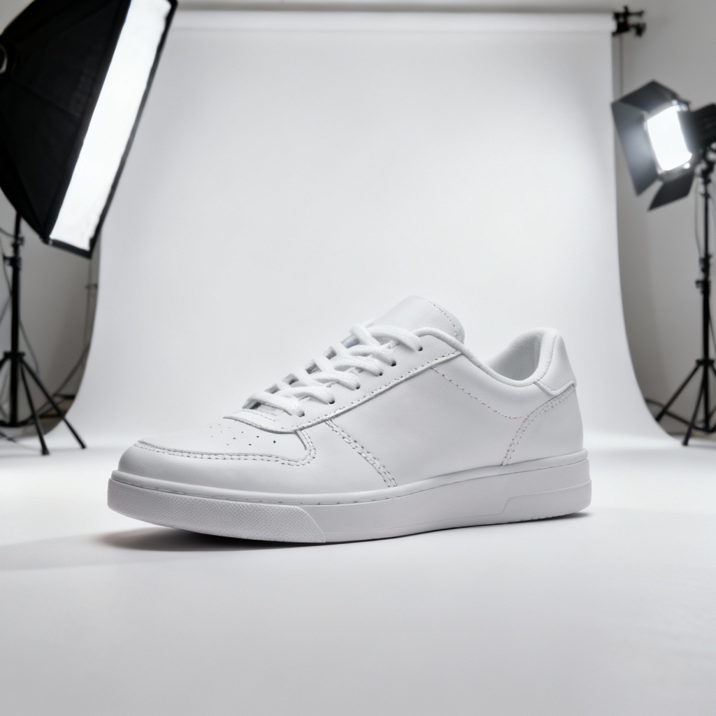 AI product photo of white sneaker on seamless white studio with soft shadow