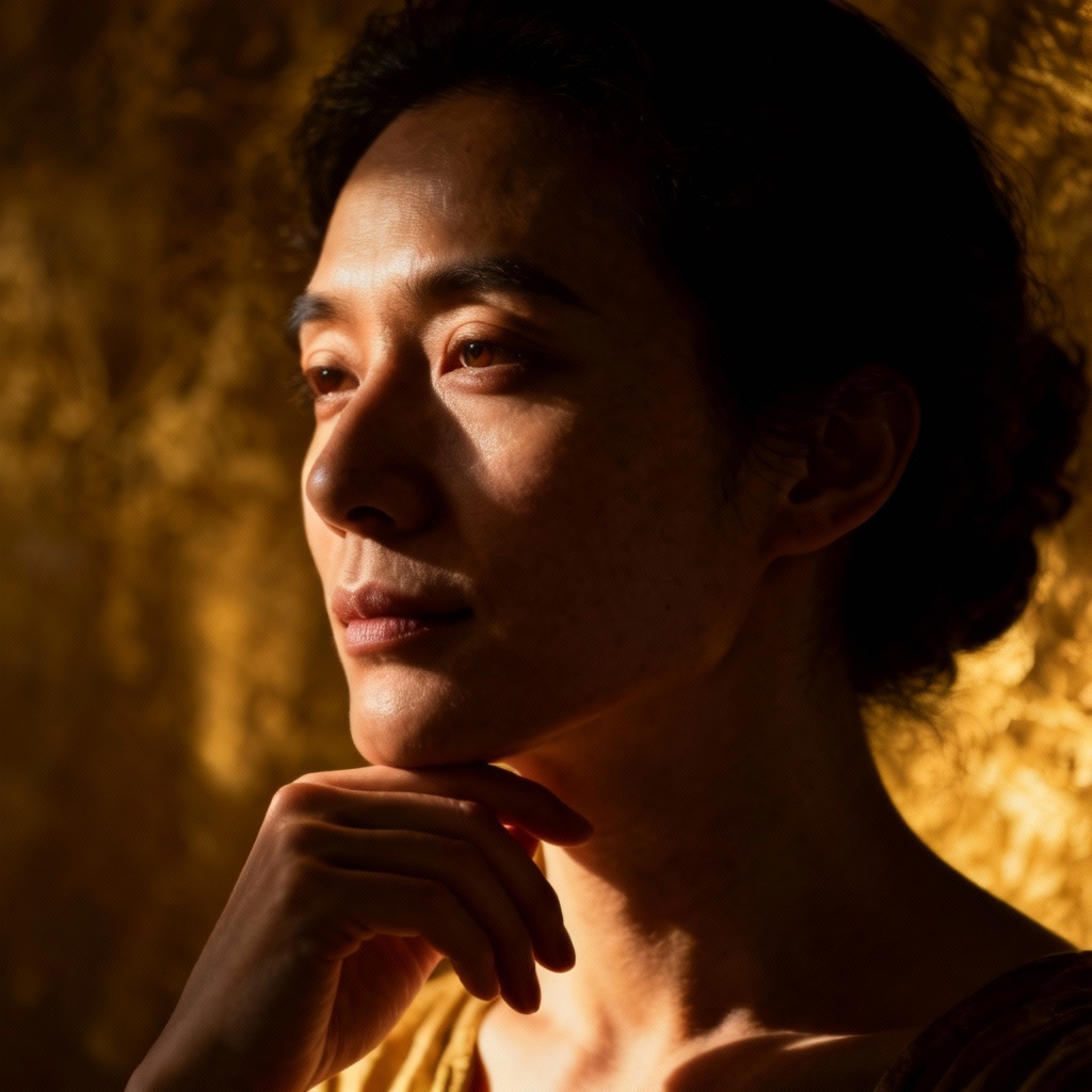 AI contemplative pose in chiaroscuro studio lighting