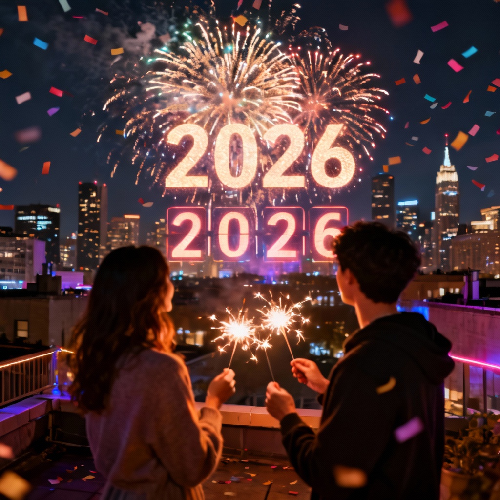 AI rooftop selfie with sparklers and 2026 NYE fireworks