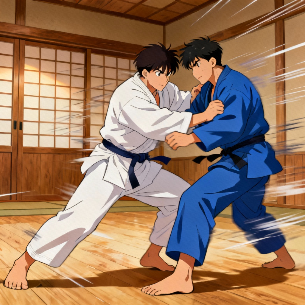 Anime judo sparring scene in a traditional dojo