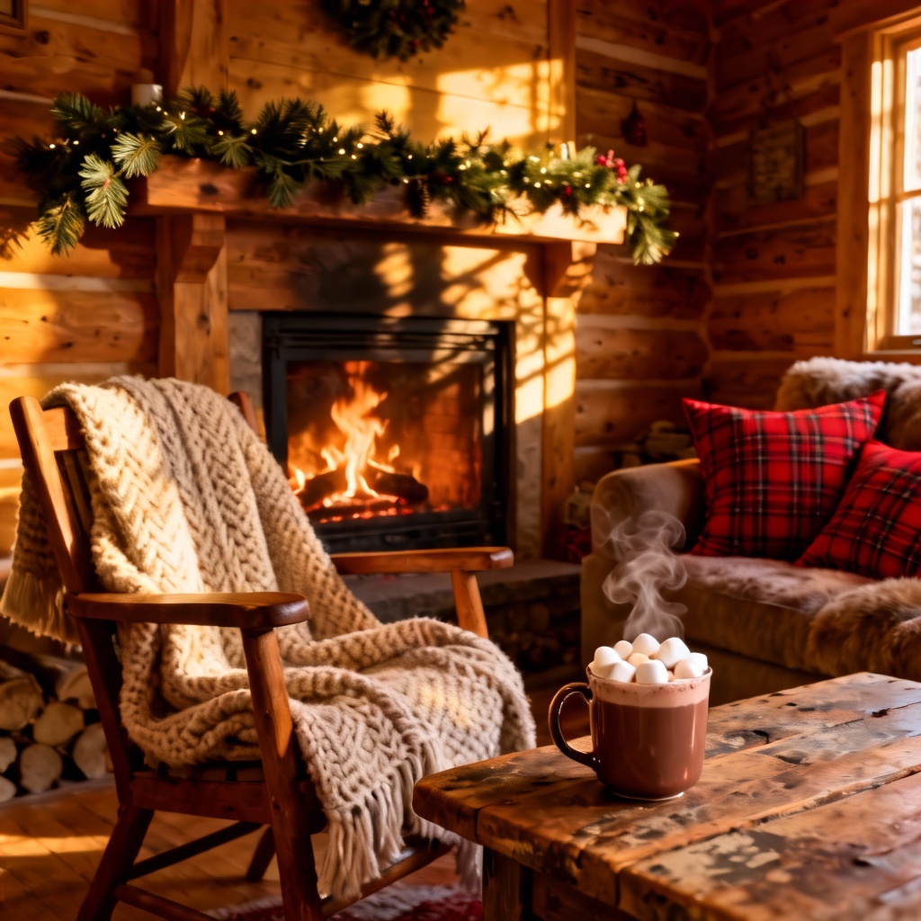 AI Cozy cabin Christmascore scene with fireplace and cocoa