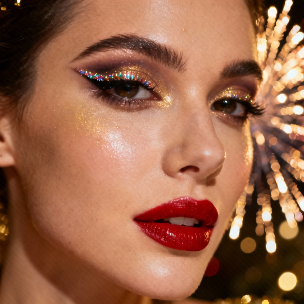 AI New Year party makeup portrait with glitter eyeliner and red lips