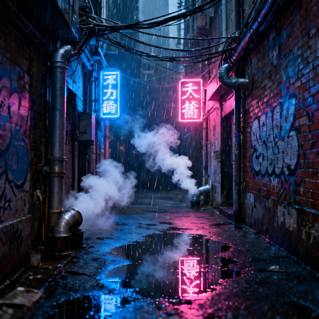 AI cyberpunk alley with neon rain reflections