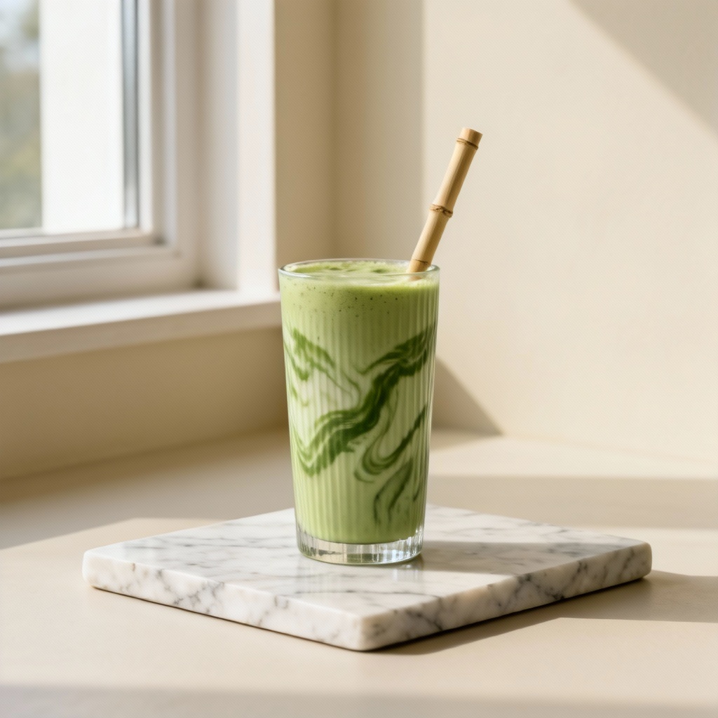 Minimalist matcha milkshake with marble swirls and bamboo straw