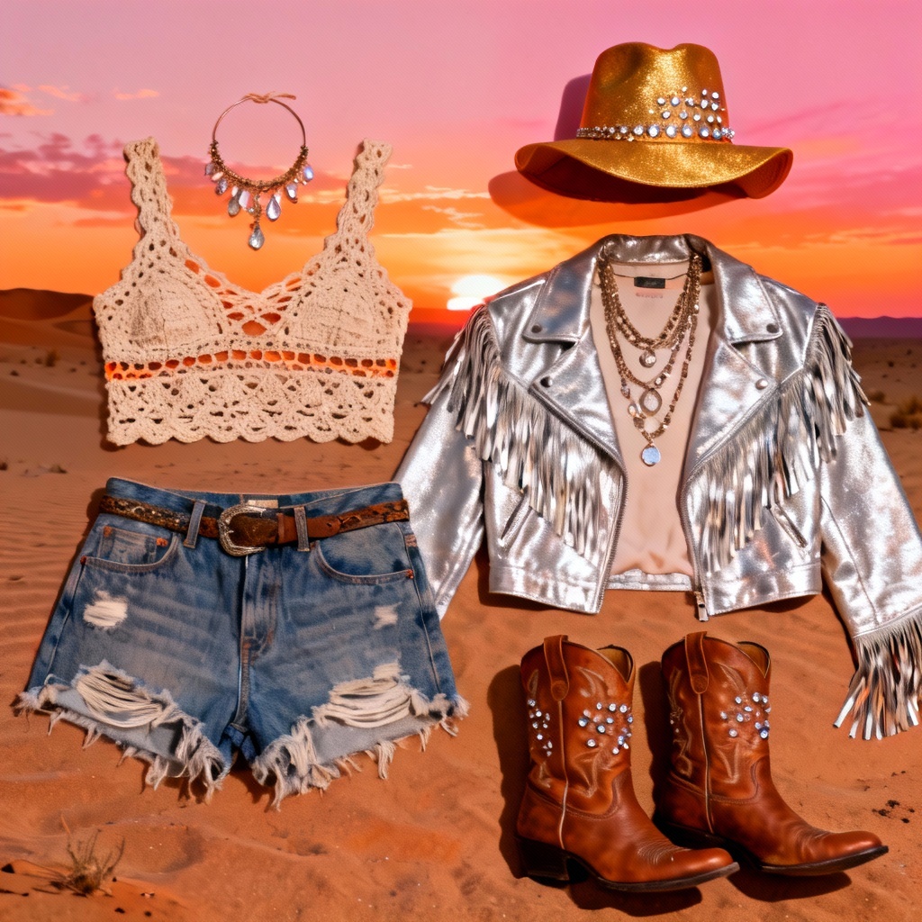AI generated Coachella festival outfit collage with boho, western, and Y2K elements