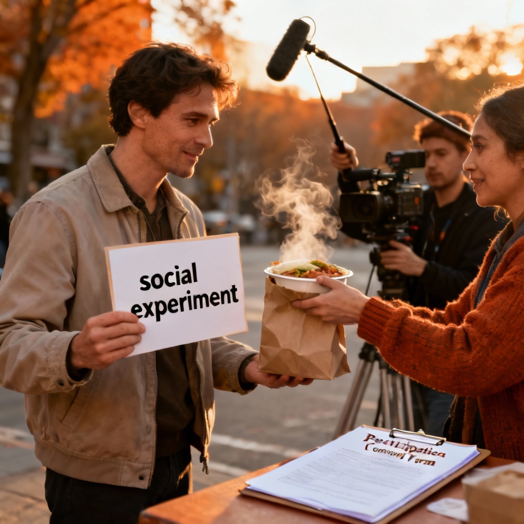 AI staged kindness reveal prank scene with consent signage