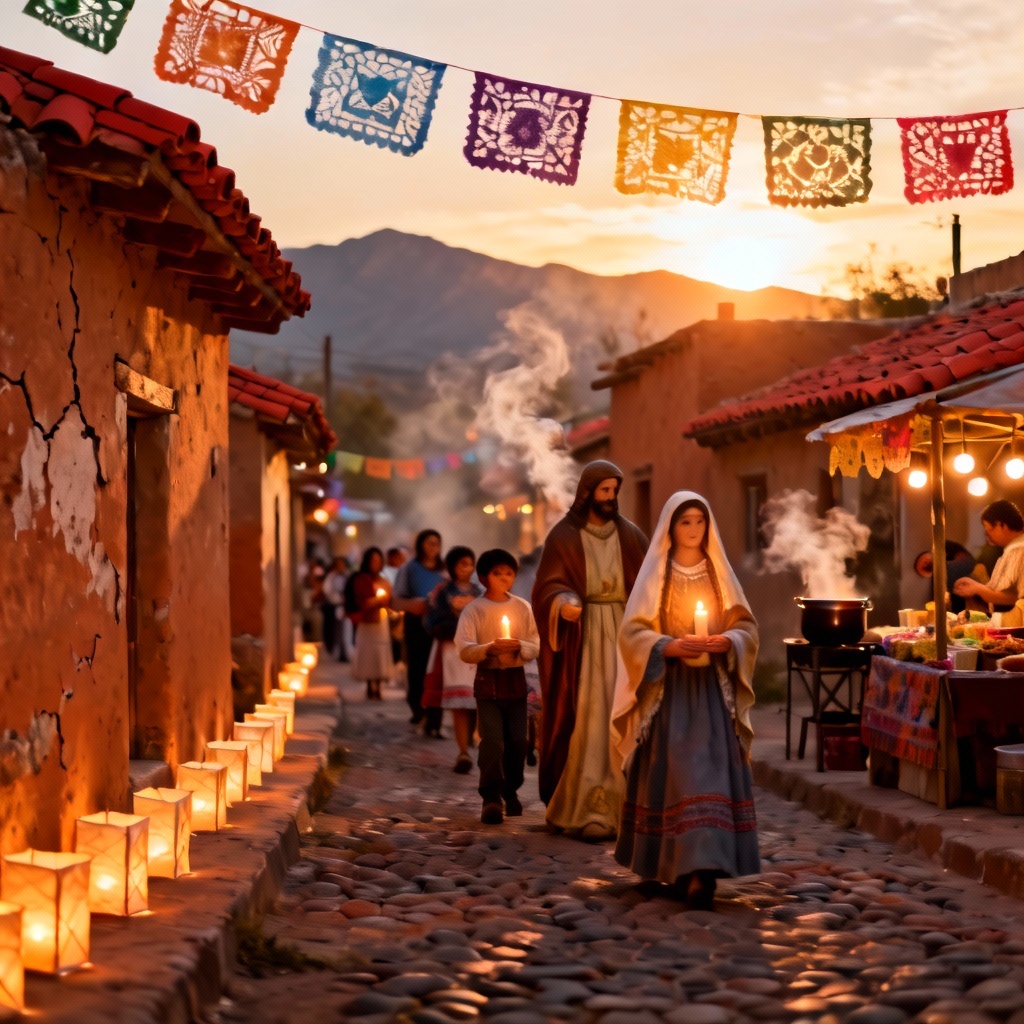 AI Posadas candlelight procession with luminarias, papel picado, and star piñata