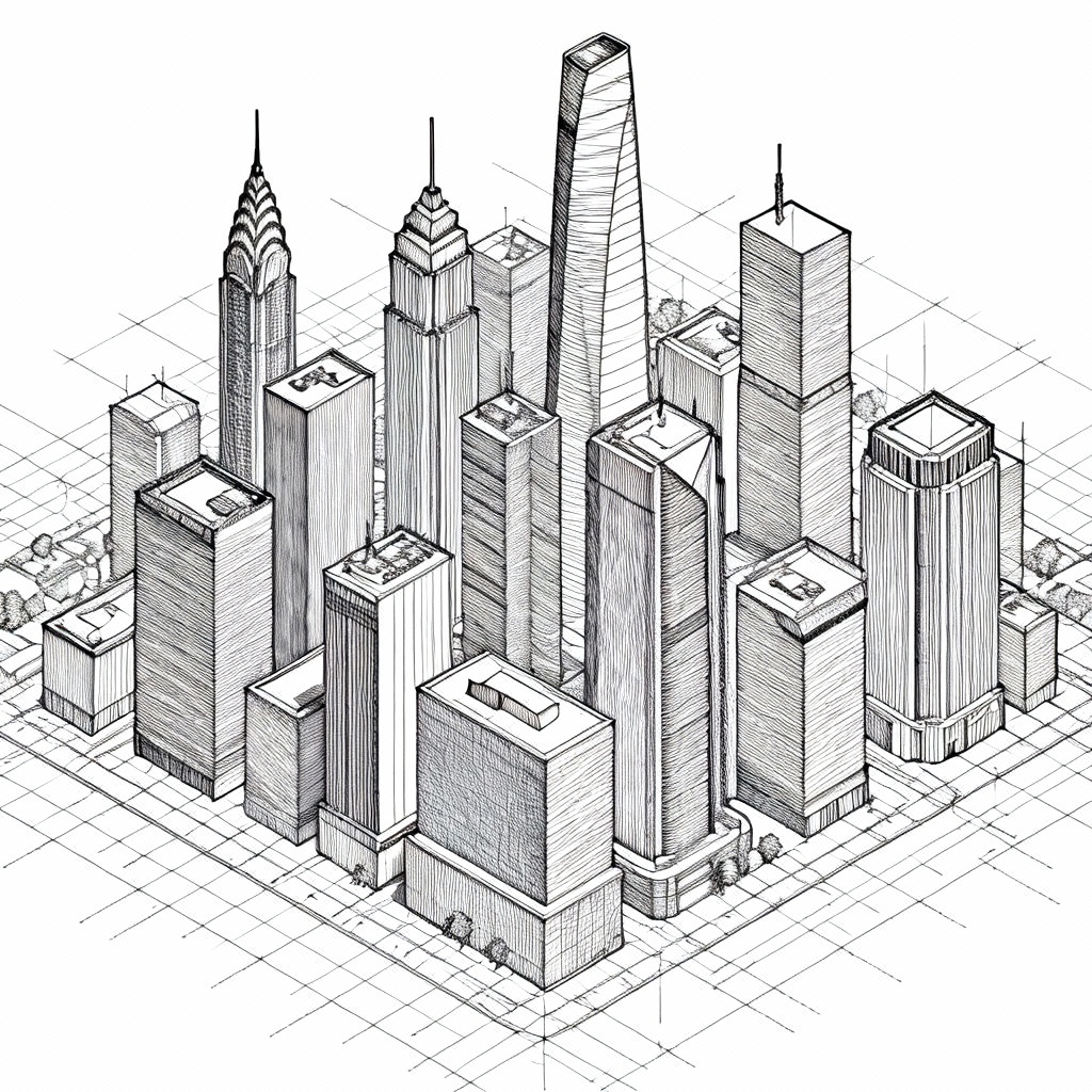 AI city skyline architectural line art