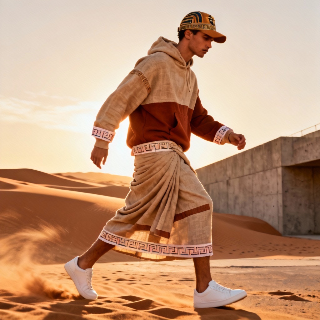 AI modern streetwear with shendyt kilt and nemes cap