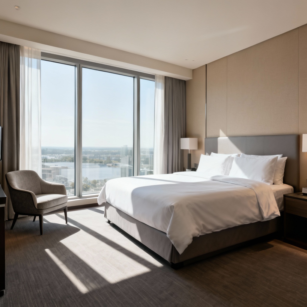 AI real estate style hotel suite photo, bright and airy