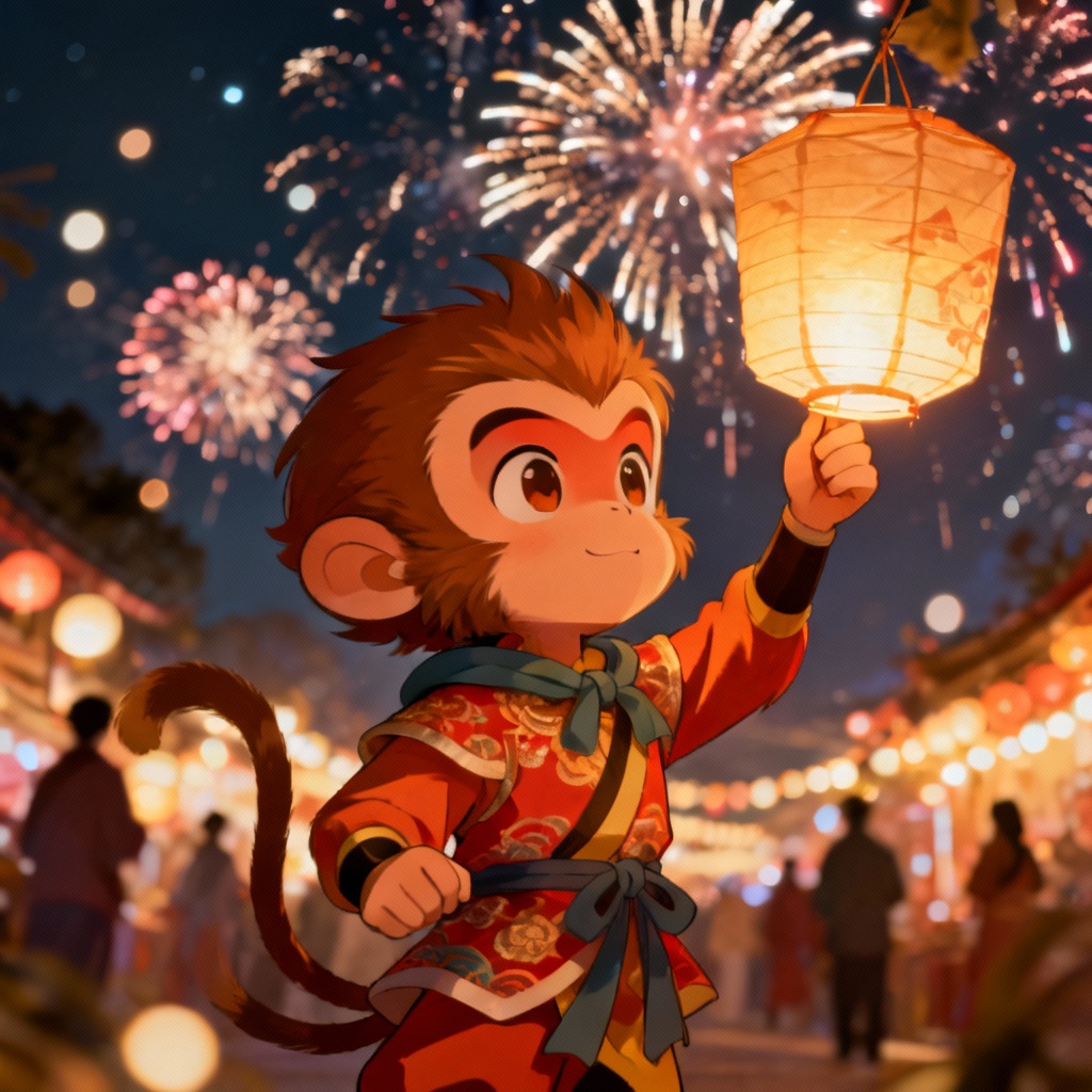 AI festival Little Wukong with lanterns and fireworks