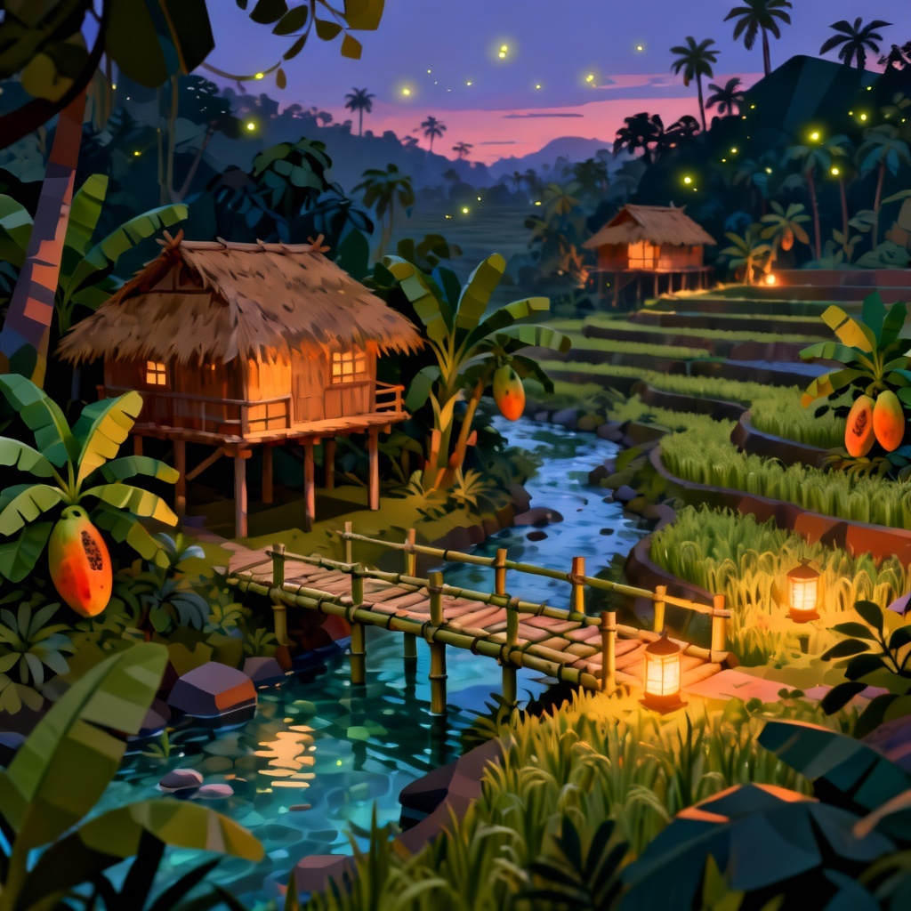 AI isometric jungle village with thatched huts and fireflies