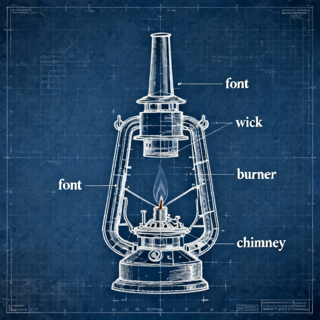 Blueprint cutaway of an oil lamp showing wick and burner