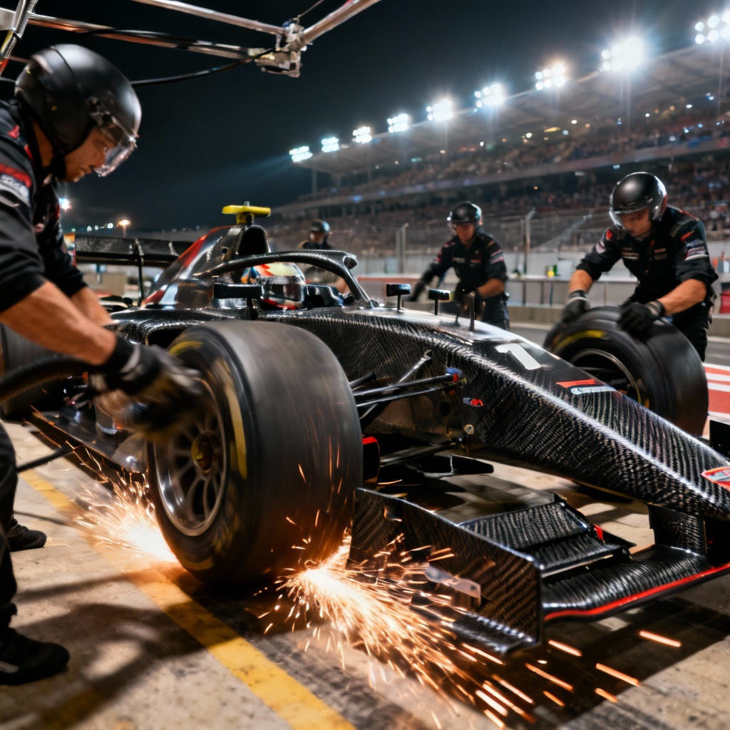 AI open-wheel pit stop at night with crew in action