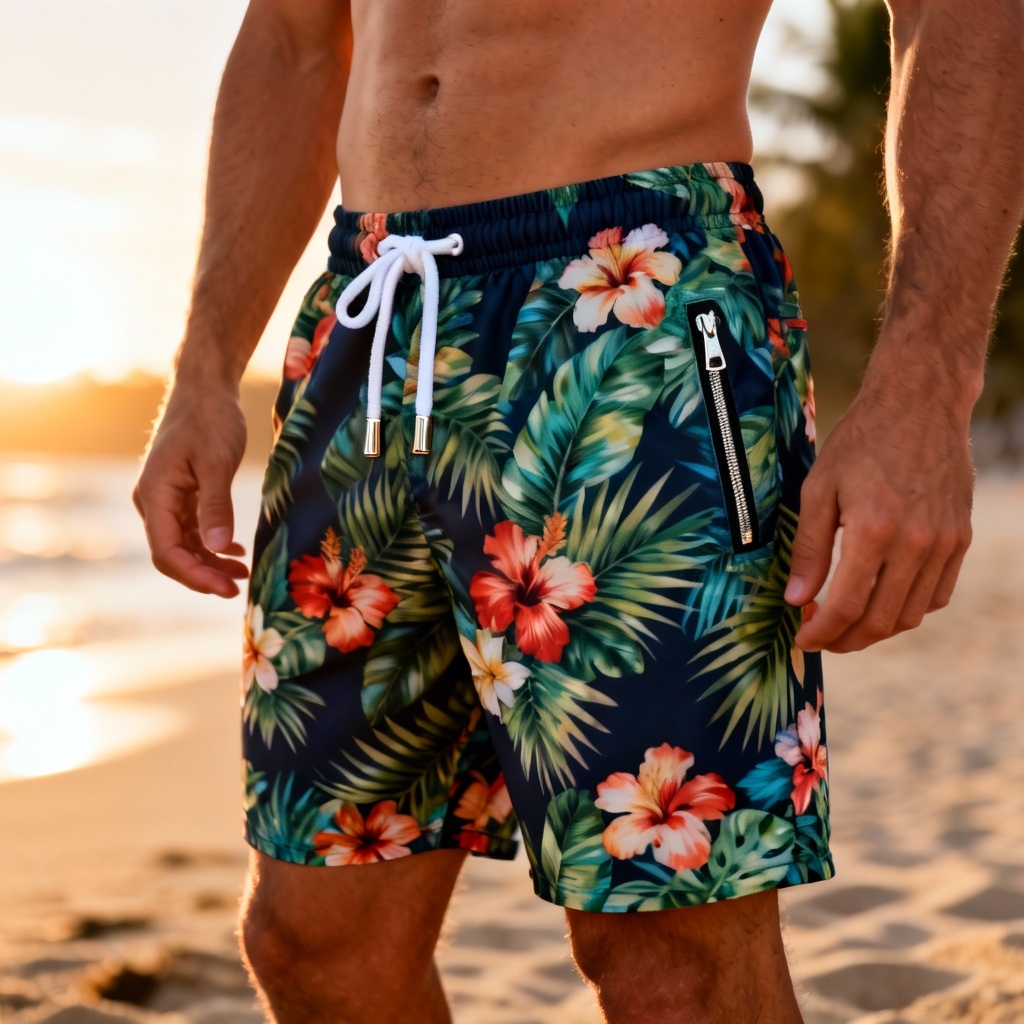AI swim trunks generator hero image with tropical floral shorts