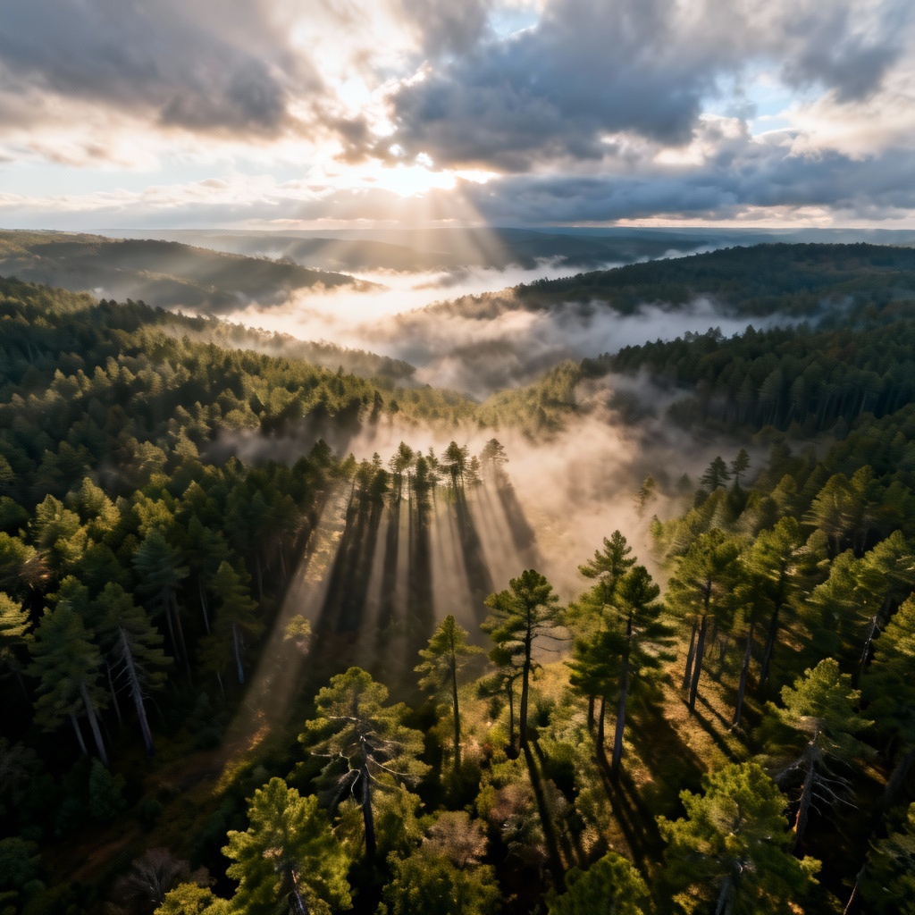 AI realistic pine forest aerial with morning fog