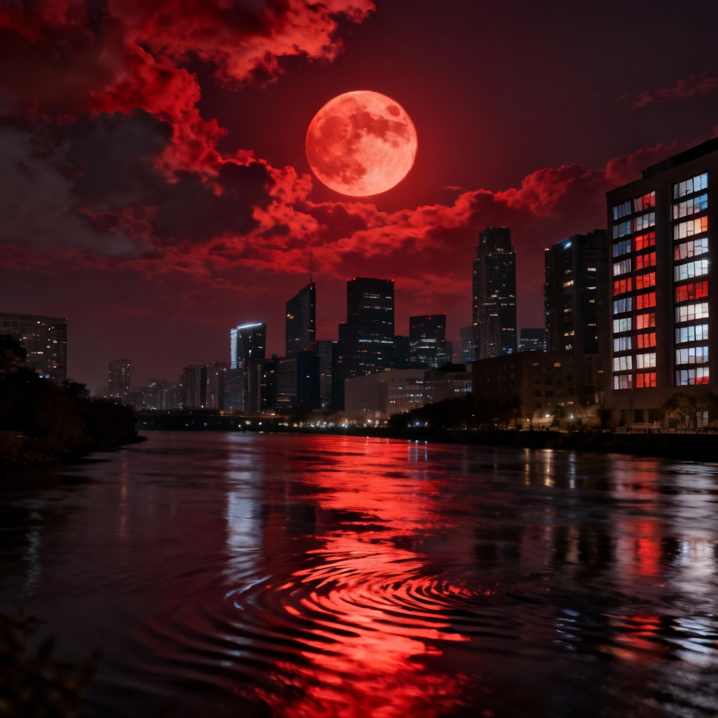 AI total lunar eclipse over city skyline with river reflections