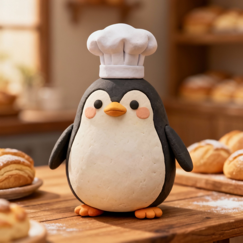 AI round penguin chef in claymation style