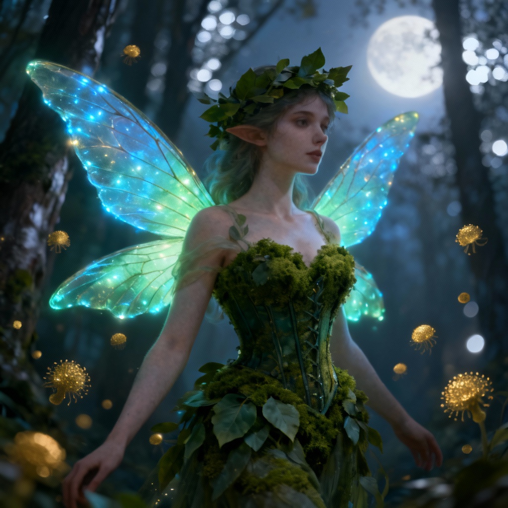 AI forest spirit fairy costume with glowing wings