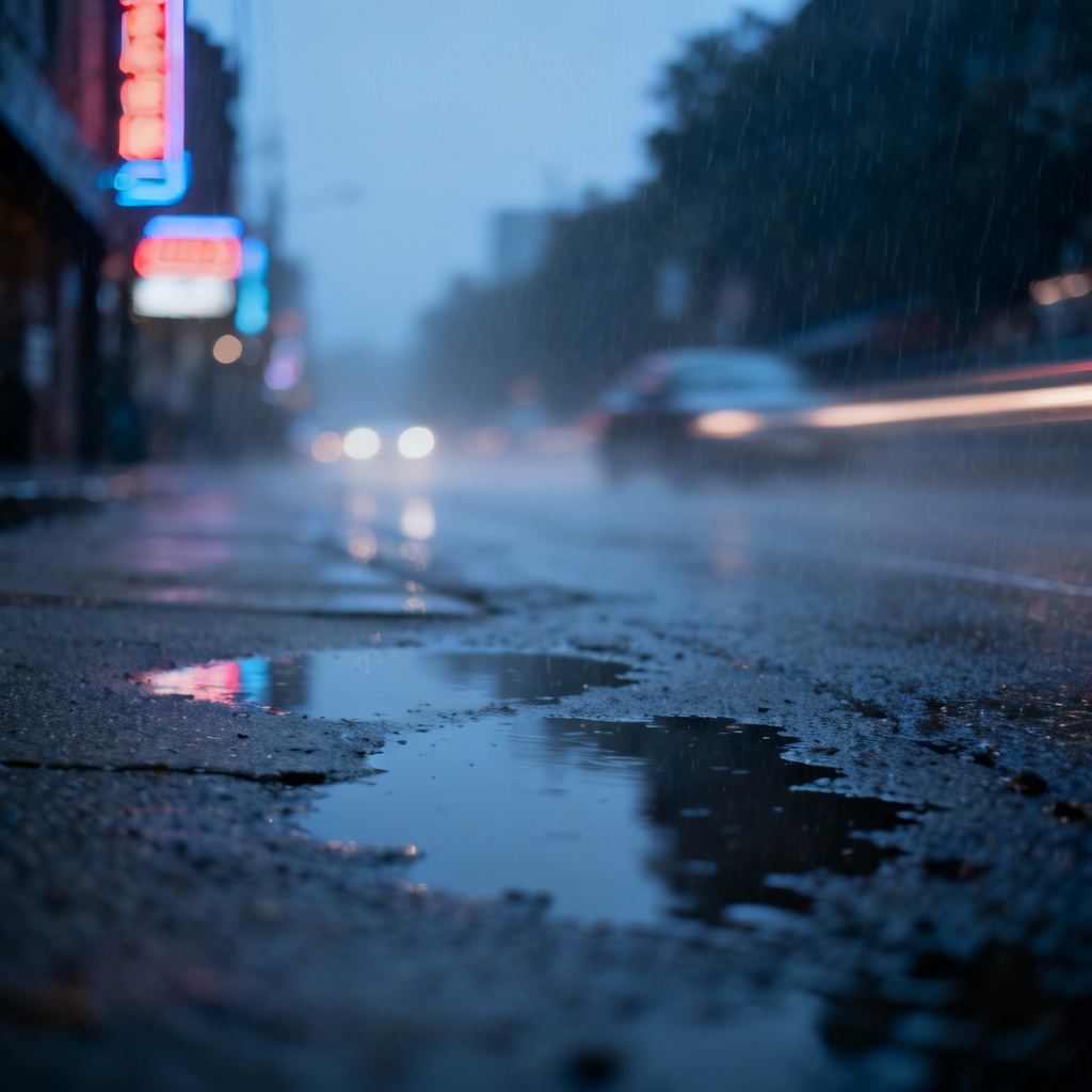 AI soft atmosphere rainy city street with neon glow