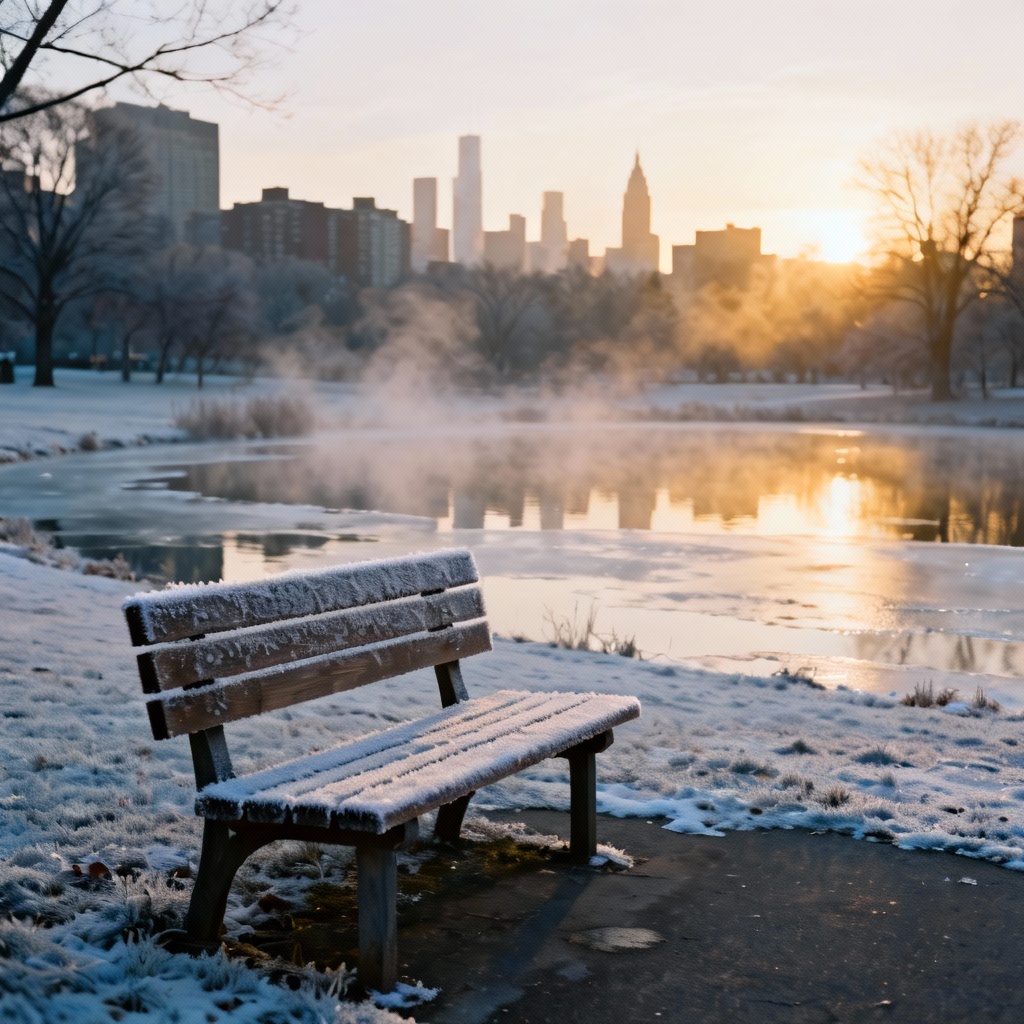 City park early winter scene with bench, pond and mist